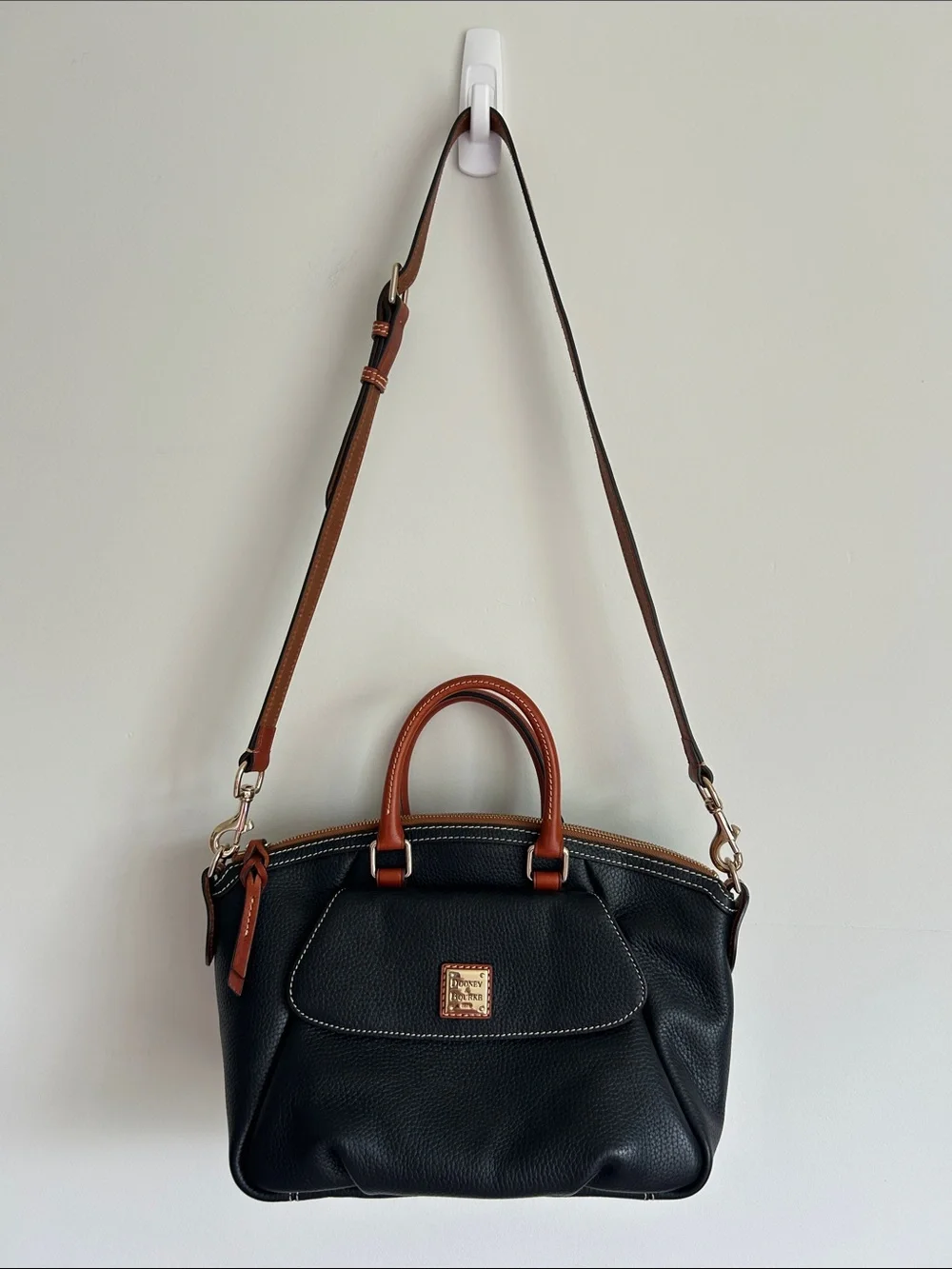 Dooney & Bourke Black Pebble Grain Leather Front Pocket Satchel with Brown Trim